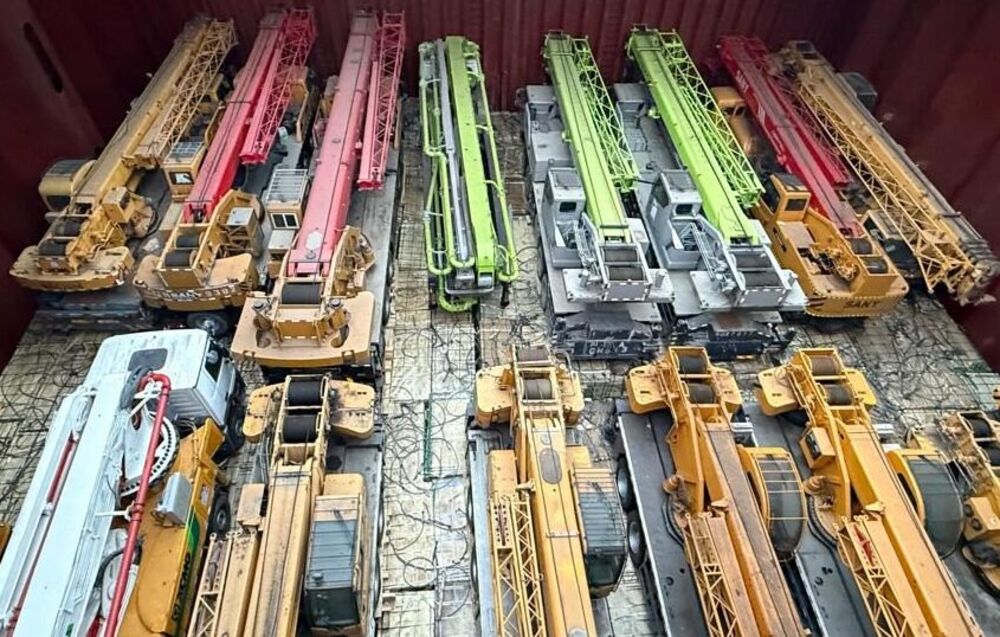 A fleet of mobile cranes stowed in the hold